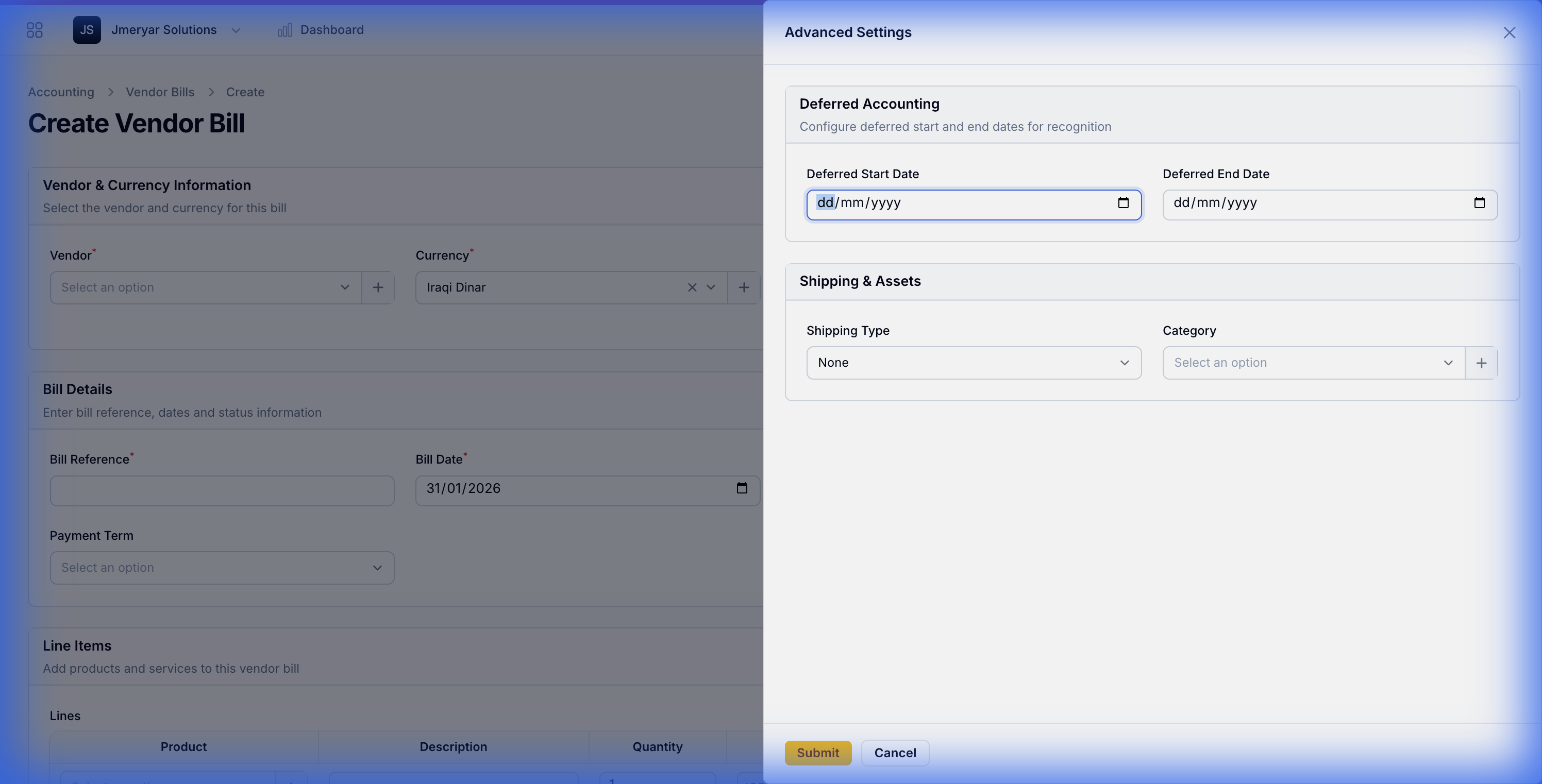 Asset Category Selection in Vendor Bill
